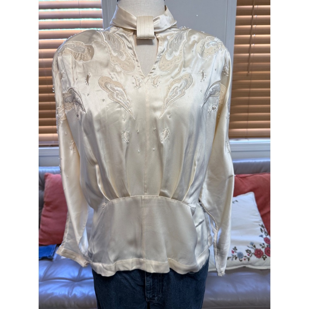 80s Silk Beaded Paisley Blouse Cream Vintage 1986 Size 12